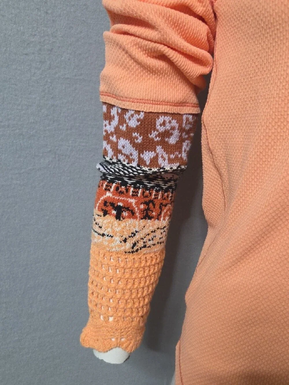 Free People Peach Crewneck Sweatshirt with Patterned Crochet Cuffs